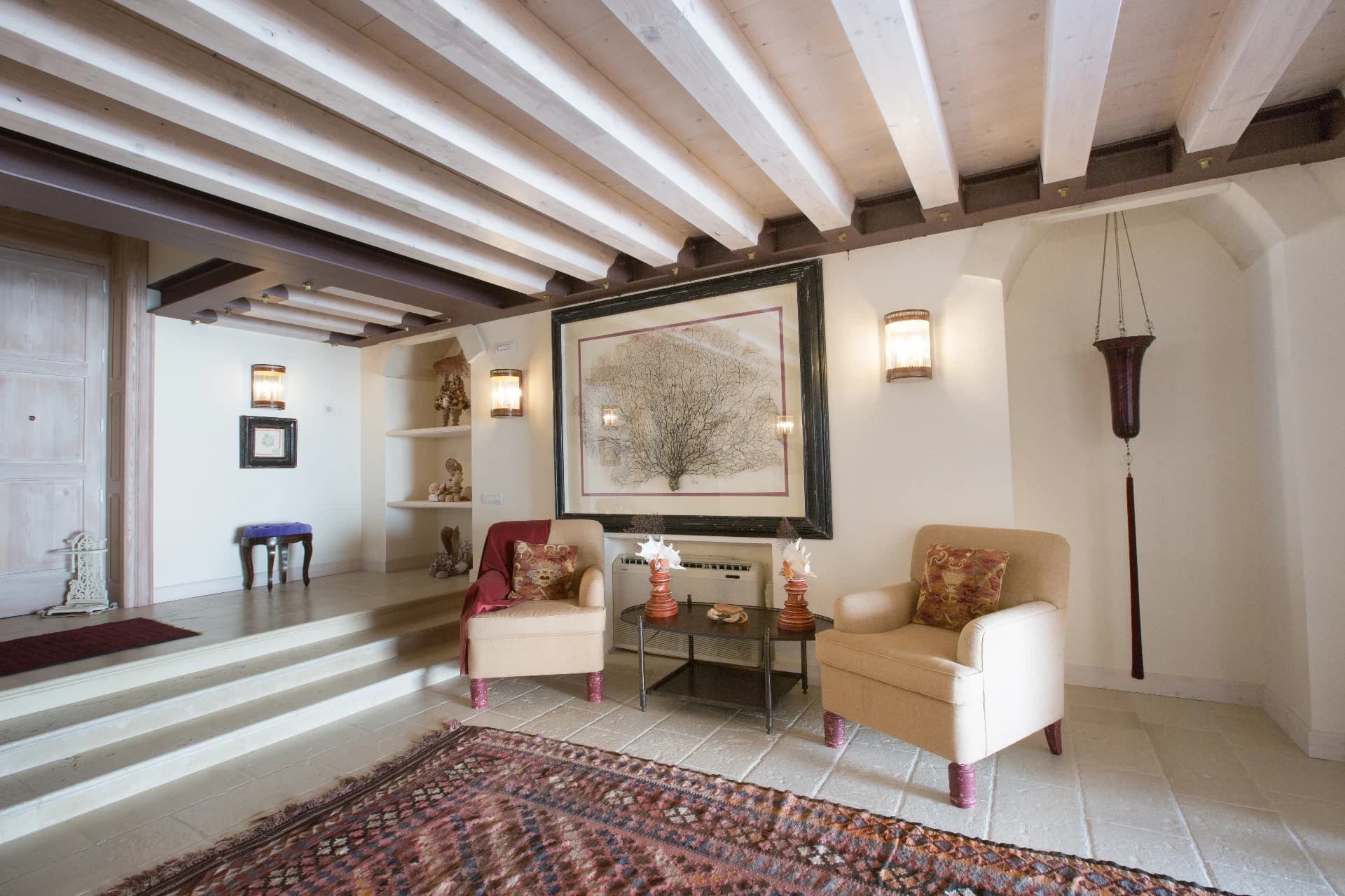 Bright living room with exposed beams