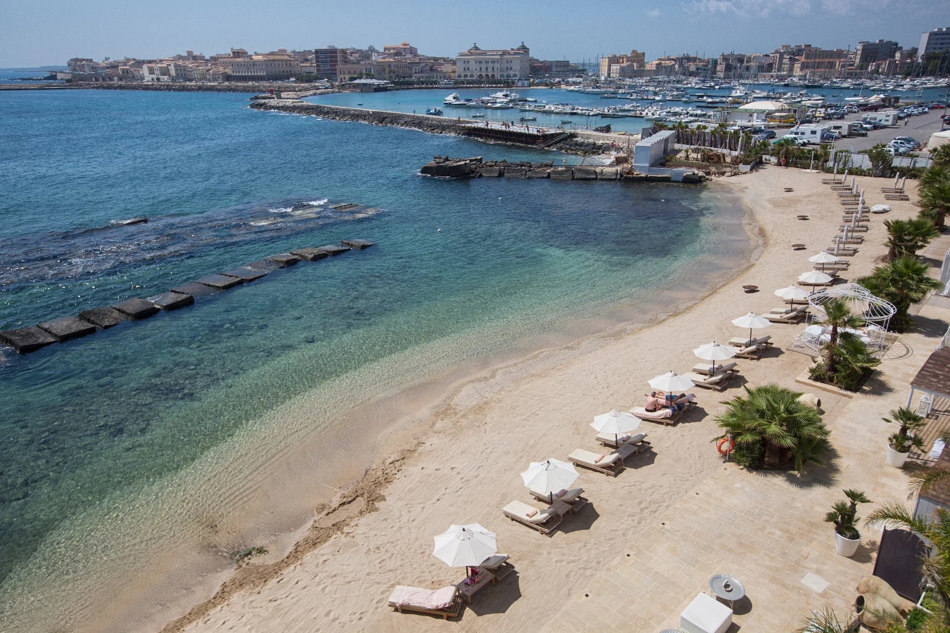 Aerial view of Musciara Resort's private beach in Syracuse