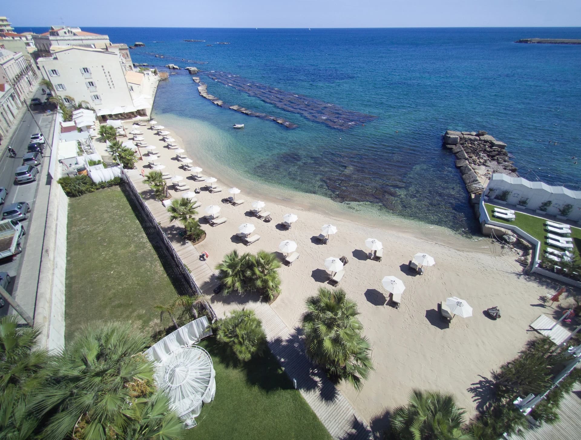 Aerial view of the beach with umbrellas