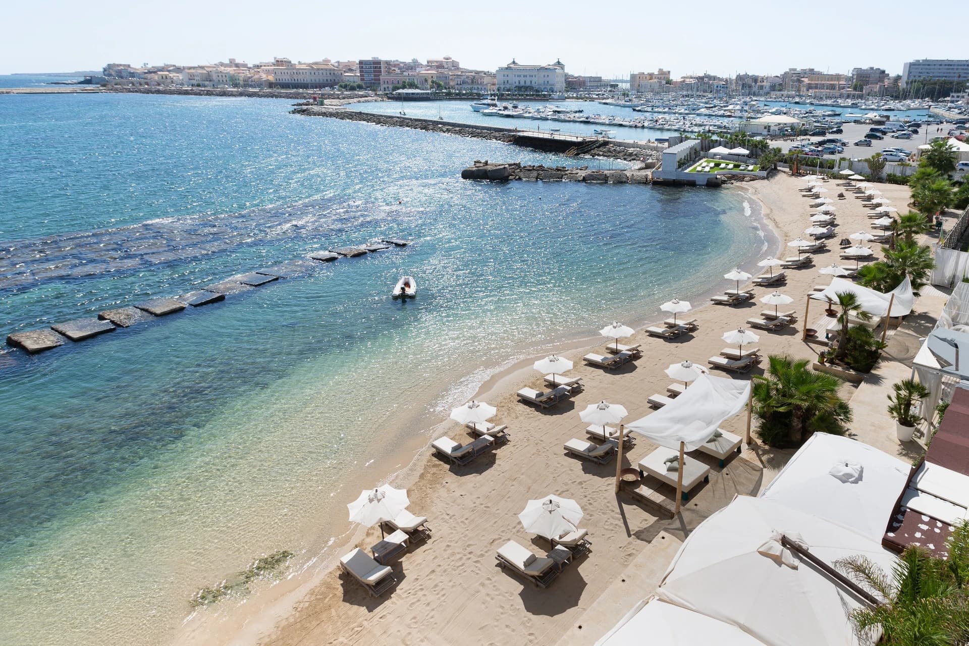 Aerial view of the beach and marina